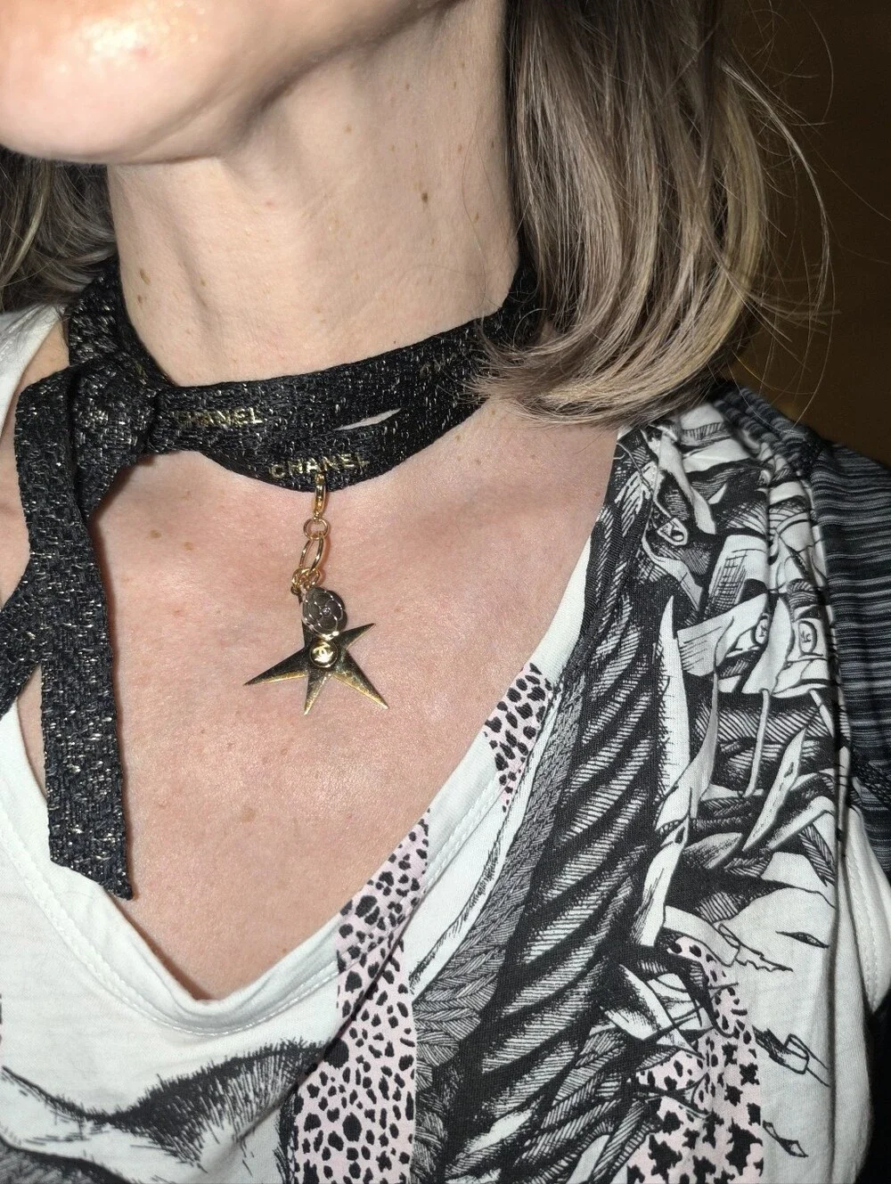 Chanel Comete Star Camelia Charm On Limited  Edition Ribbon Necklace Choker